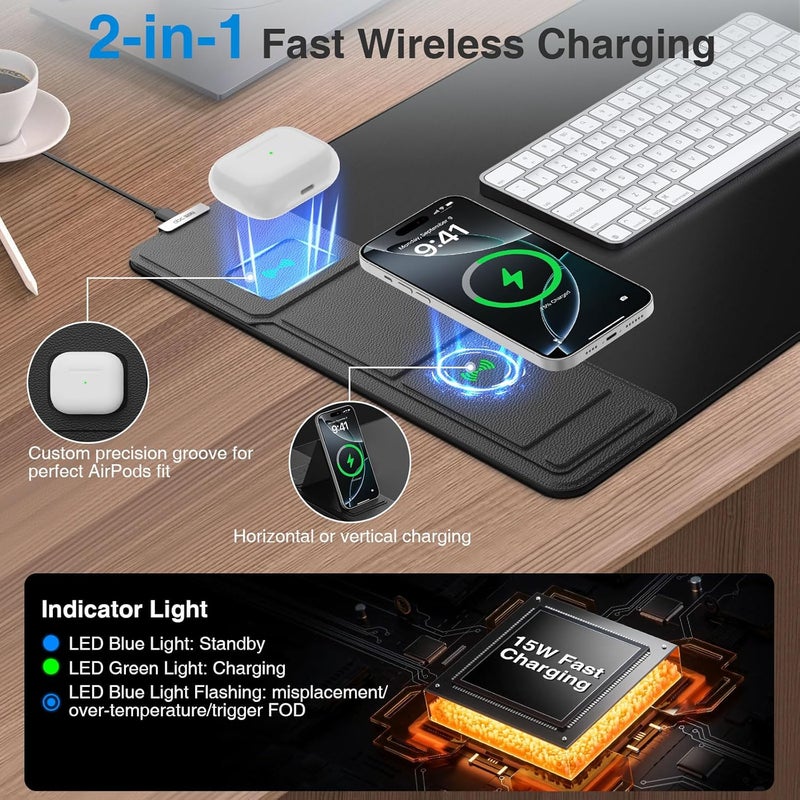 abc.mat Wireless Charging Mouse Pad with Foldable Phone Holder, 31.5"x15.8" Extended Desk Mat for Laptop/Keyboard, Waterproof Ultra-Smooth Surface, Non-Slip Base & 20W PD Adapter, Black - Image 2